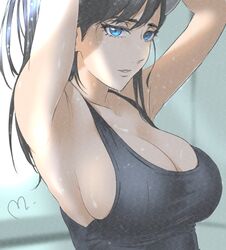  armpits arms_up bare_shoulders black_hair black_tank_top blue_eyes breasts burn_the_witch cleavage eyebrows eyelashes female half-closed_eyes highres large_breasts long_hair looking_at_viewer mitsugu niihashi_noel parted_lips sideboob solo tank_top tying_hair upper_body 