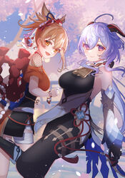  2girls ahoge bare_shoulders bell black_gloves black_pantyhose blonde_hair blue_hair blush bodystocking breasts chinese_knot detached_sleeves flower_knot ganyu_(genshin_impact) genshin_impact gloves gold_trim hair_between_eyes hair_ornament highres horns long_hair looking_at_viewer medium_breasts multiple_girls natsuki_yoru neck_bell pantyhose ponytail purple_eyes red_rope rope sidelocks smile standing tassel thighlet tied_hair vision_(genshin_impact) white_sleeves wristband yellow_eyes yoimiya_(genshin_impact) 