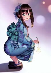  absurdres blue_kimono blush brown_hair feet female fireworks floral_print flower green_eyes hair_between_eyes hair_flower hair_ornament hamahama highres idolmaster idolmaster_cinderella_girls japanese_clothes kimono long_hair looking_at_viewer looking_to_the_side obi okobo open_mouth sandals sash scan shibuya_rin simple_background smile solo sparkler squatting tiptoes toenails toes white_background wide_sleeves yukata 