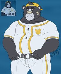  2020 anthro baseball_(sport) baseball_uniform bear belly black_body black_fur bottomwear brand_new_animal clothing fur gorrizz hi_res humanoid_hands male mammal overweight overweight_anthro overweight_male pants shirt simple_background sloth_bear_(brand_new_animal) solo sport sportswear studio_trigger topwear uniform 