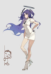  absurdres bare_legs blue_archive blush boots breasts commentary doodle_sensei_(blue_archive) dress female full_body gloves grey_background halo hand_on_own_hip high_heel_boots high_heels highres long_hair looking_at_viewer mechanical_halo medium_breasts pencil_dress puffy_short_sleeves puffy_sleeves purple_eyes purple_hair sensei_(blue_archive) short_sleeves simple_background standing toto_(caaaaarrot) two_side_up yuuka_(blue_archive) 