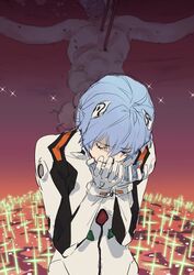  1other absurdres ayanami_rei bident blue_hair bodysuit closed_eyes cross crucifixion female hair_between_eyes hands_up head_tilt highres impaled interface_headset lance_of_longinus_(evangelion) lcl lilith_(evangelion) neon_genesis_evangelion pilot_suit plugsuit polearm red_background sankomichi science_fiction short_hair spoilers the_end_of_evangelion upper_body weapon white_bodysuit 