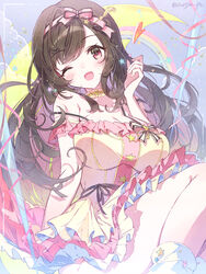  ankle_boots arm_support arm_up bare_legs blush boots border breasts brown_hair buttons cleavage colored_inner_hair commentary crescent_moon detached_collar dress feet_out_of_frame female frilled_skirt frills hairband highres idolmaster idolmaster_shiny_colors knees_up large_breasts layered_skirt looking_at_viewer moon multicolored_hair one_eye_closed open_mouth pink_eyes pink_hair pink_skirt purple_background rainbow simple_background skirt smile solo soriya star_(symbol) star_button swept_bangs tsukioka_kogane twitter_username white_footwear yellow_dress 