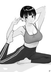  absurdres armpits barefoot blunt_bangs breasts cleavage collarbone commentary_request feet female flexible greyscale high-waist_pants highres large_breasts midriff monochrome original pants pigeon_pose short_hair solo sports_bra stretching sweat sweaty_clothes takenoko_no_you toes track_pants yoga 