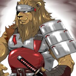  1:1 2013 anthro arm_wraps armor biceps black_nose chikuwabu eye_patch eyewear feda:_the_emblem_of_justice felid grey_armor lion male mammal mane melee_weapon muscular muscular_anthro muscular_male pantherine red_armor round_ears scar shishimaru_(feda) smile solo sword weapon wraps 