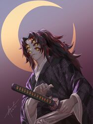  1boy black_hair black_kimono closed_mouth colored_sclera commentary crescent_moon drid extra_eyes facial_mark fingernails gradient_background highres holding holding_sheath honeycomb_(pattern) japanese_clothes katana kimetsu_no_yaiba kimono kokushibou long_hair long_sleeves looking_at_viewer male_focus moon multicolored_hair ponytail reaching red_hair red_sclera scabbard sharp_fingernails sheath sheathed signature solo standing sword text_in_eyes two-tone_hair upper_body weapon wide_sleeves yellow_eyes 