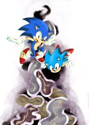  2019 anthro black_eyes blue_body blue_fur classic_sonic classic_sonic_(universe) clock clothing duo eulipotyphlan falling footwear fur gloves green_eyes handwear hedgehog hi_res male mammal mennnntaiko open_mouth sega shoes simple_background sonic_the_hedgehog sonic_the_hedgehog_(series) square_crossover the_persistence_of_memory white_background 