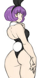  absurdres agent_aika aika_(series) alternate_costume animal_ears ass back bare_legs bare_shoulders black_delmo black_delmo_leader black_leotard breasts brown_eyes closed_mouth commentary_request detached_collar fake_animal_ears female highleg highleg_leotard highres legs leotard looking_at_viewer looking_back medium_breasts playboy_bunny purple_hair rabbit rabbit_ears rabbit_tail short_hair shoulder_blades solo standing strapless strapless_leotard tail toshinoshin 