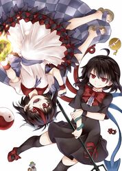  2girls ahoge arrow_print asymmetrical_wings bare_legs bare_shoulders black_dress black_hair black_thighhighs blue_ribbon bracelet check_commentary commentary_request cone_horns dress feet five-foot_bomb grey_horns holding holding_weapon horns houjuu_nue jewelry kijin_seija looking_at_viewer mary_janes miracle_mallet multicolored_hair multiple_girls nimble_fabric open_mouth orb polearm red_eyes red_footwear ribbon sandals sharp_teeth shoes short_hair simple_background small_horns smile snake streaked_hair teeth thighhighs toenails toes touhou trident upside-down weapon white_background wings wristband yin_yang yin_yang_orb zetsumame 