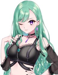  black_choker black_nails breasts choker cleavage detached_sleeves earrings female green_hair hair_behind_ear hand_on_own_hip jewelry long_hair looking_at_viewer medium_breasts mole mole_on_breast nail_polish necklace one_eye_closed purple_eyes riko_chiyua ring smile solo transparent_background virtual_youtuber vspo! yakumo_beni yakumo_beni_(1st_costume) 