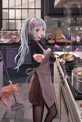  alternate_hairstyle apron black_choker black_pantyhose black_shirt black_skirt choker cooking feline female floating hair_ornament highres indoors kasane_randall levitation long_sleeves pantyhose ponytail scarlet_nexus shirt skirt solo white_hair yuzuriha_(atelier_liang) 