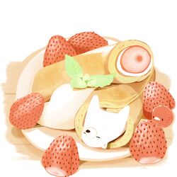  artist_name bear bird chai_(drawingchisanne) commentary_request cream dessert food food_focus fruit mint no_humans on_food original pancake plate polar_bear rolled_up shirokuma-san_(drawingchisanne) strawberry sweets_bird 