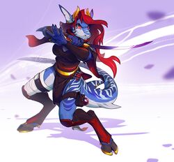  2020 5_fingers anthro bovid bovine breasts clothed clothing digital_media_(artwork) female fin fingers fish hair holding_object holding_weapon hooves horn horseshoe hybrid kasumi_(nayami) kyander mammal marine non-mammal_breasts red_eyes red_hair shark solo weapon 