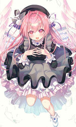  :d absurdres angel angel_wings antenna_hair black_dress black_headwear blush bow breasts commentary dress feathered_wings feathers female frilled_dress frills from_above full_body grey_bow hair_ornament hairbow hat highres interlocked_fingers large_breasts leg_up liso long_hair long_sleeves looking_at_viewer misha_(pita_ten) open_mouth pink_eyes pink_hair pita_ten rabbit_hair_ornament simple_background smile white_background white_footwear white_wings wings 