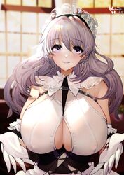  apron artist_name azur_lane bare_shoulders black_dress blurry blurry_background breasts center_opening charybdis_(azur_lane) commentary_request covered_nipples dress female frilled_apron frills gloves hachimitsu_hinako hair_between_eyes hairband huge_breasts indoors lace-trimmed_hairband lace_trim light_purple_hair long_hair looking_at_viewer maid_headdress purple_eyes shirt smile solo upper_body white_gloves white_shirt window 