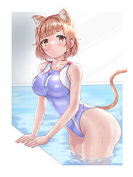  animal_ears breasts brown_eyes cat_ears cat_tail collarbone commentary_request competition_swimsuit cowboy_shot extra_ears female grey_one-piece_swimsuit highleg highleg_swimsuit highres light_brown_hair mashinatsu medium_breasts one-piece_swimsuit original pool poolside short_hair solo standing swimsuit tail wading water wet wet_clothes wet_swimsuit 