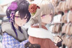  2girls :o black_gloves black_hair blonde_hair blue_hair blue_kimono blush eyeshadow flower from_side fur_scarf furisode gloves hair_behind_ear hair_bun hair_flower hair_ornament head_tilt highres ichinose_uruha japanese_clothes kimono komori_met lupinus_virtual_games makeup multicolored_hair multiple_girls nanashi_inc. nif7y partially_fingerless_gloves portrait purple_eyes purple_flower red_eyeshadow red_flower red_kimono single_hair_bun streaked_hair tanabata v_ap_art virtual_youtuber vspo! 