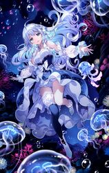  &gt;_&lt; &gt;o&lt; ahoge aitsuki_nakuru anklet asymmetrical_legwear bloomers blue_eyes blue_hair bow breasts bubble collarbone commentary coral_reef dark_background detached_sleeves dress female fish floating_clothes floating_hair full_body gem glowing glowing_hair highres jellyfish jewelry la_priere long_hair looking_at_viewer medium_breasts multicolored_hair nardack necklace official_art outstretched_arms shoes sleeveless sleeveless_dress smile spread_arms thighhighs thighlet underwater underwear utaite white_hair 