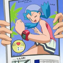  anime_screenshot aqua_hair bad_proportions breasts female green_eyes legs magazine_(object) marina_(pokemon) miniskirt one_eye_closed open_mouth pokemon pokemon_(anime) pokemon_dppt_(anime) pose skirt smile twintails 