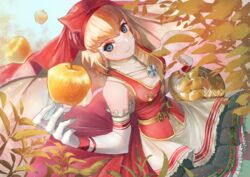  absurdres apple apron bare_shoulders basket blonde_hair blue_eyes blush breasts commentary dress elbow_gloves female food frills fruit garter_straps gloves golden_apple highres hood idunn_(megami_tensei) looking_at_viewer mochigana shin_megami_tensei shin_megami_tensei_v short_hair simple_background skirt smile solo thighhighs 