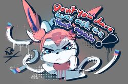  ambiguous_gender anthro blue_eyes blue_inner_ear blue_text dated discocci eeveelution frown generation_6_pokemon glaring glaring_at_viewer graffiti grey_background looking_at_viewer multicolored_body multicolored_text nintendo paint_drip pink_body pokemon pokemon_(species) purple_text reaction_image red_text signature simple_background solo stylized_text sylveon text two_tone_body white_body 