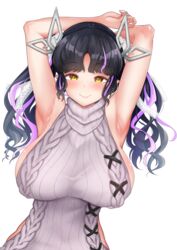  absurdres alternate_breast_size aran_sweater armpits arms_up black_hair blush breasts cable_knit closed_mouth commentary_request demon_girl demon_horns dress female hair_ribbon halterneck highres horns huge_breasts kojo_anna kojo_anna_(3rd_costume) long_hair looking_at_viewer meme_attire multicolored_hair nanashi_inc. official_alternate_costume pointy_ears purple_hair ribbed_sweater ribbon robou_no_stone sideboob simple_background smile solo sweater sweater_dress transparent_background turtleneck turtleneck_sweater twintails two-tone_hair upper_body virgin_killer_sweater virtual_youtuber white_ribbon yellow_eyes 