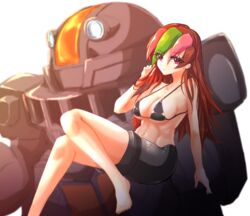  absurdres akira1408 betterman bike_shorts bikini black_bikini black_hair black_shorts breasts brown_hair cleavage collarbone female head_tilt highres in_palm kakuseijin_no._1 long_hair mecha medium_breasts midriff multicolored_hair navel on_mecha pink_hair red_eyes robot sai_hinoki shorts sitting streaked_hair swimsuit 