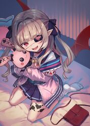  bed black_bow blue_skirt blunt_bangs blush bow brown_hair demon_girl demon_wings eyepatch fangs female hair_intakes hairbow highres holding holding_stuffed_toy hopepe indoors long_hair long_sleeves looking_at_viewer makaino_ririmu makaino_ririmu_(4th_costume) multicolored_hair nijisanji open_mouth pink_hair pleated_skirt pointy_ears seiza sitting skirt sleeves_past_wrists smile socks solo stuffed_animal stuffed_rabbit stuffed_toy virtual_youtuber white_socks wings 