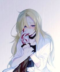  1boy bandages black_choker blonde_hair blood blood_on_bandages blood_on_hands blue_eyes blush choker chunnkoromochi closed_mouth collarbone commentary_request crying female gradient_background grey_background hair_between_eyes holding isaac_foster jacket long_hair long_sleeves looking_at_viewer nose_blush open_clothes open_jacket rachel_gardner satsuriku_no_tenshi shade shadow shirt simple_background striped_clothes striped_shirt upper_body very_long_hair white_jacket 