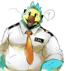  absurd_res animal_crossing anthro avian bird blue_body blue_feathers clothing columbid dodo extinct feathers hi_res lost_out_gi male necktie nintendo orville_(animal_crossing) pilot question_mark recently_extinct_species slightly_chubby slightly_chubby_male solo uniform 