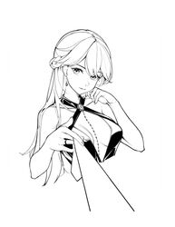  absurdres bare_shoulders braid breasts chinese_commentary collarbone commentary_request dress earrings female french_braid girls&#039;_frontline greyscale gu_da_yu halter_dress halterneck hand_on_own_cheek hand_on_own_face highres jewelry long_hair looking_at_viewer medium_breasts monochrome necktie necktie_grab neckwear_grab official_alternate_costume open_mouth ots-14_(girls&#039;_frontline) ots-14_(ruler_of_the_banquet)_(girls&#039;_frontline) parted_lips pov ring solo upper_body white_background 