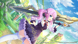  :d artist_request assault_lily black_dress black_gloves blue_eyes blunt_bangs blush brooch building city cloud cross-laced_clothes cross-laced_sleeves day dress dutch_angle female frilled_dress frilled_shirt_collar frilled_sleeves frilled_thighhighs frills gloves grass hair_ribbon hand_on_own_hip hand_up highres holding holding_weapon jewelry layered_dress layered_sleeves leg_ribbon lens_flare light_particles long_hair looking_away neck_ribbon official_art open_mouth outdoors over_shoulder overgrown pink_hair plant postbox_(outgoing_mail) power_lines print_dress puddle purple_ribbon red_ribbon reflection ribbon ribbon-trimmed_sleeves ribbon_trim rubble ruins sadamori_himeka short_dress sleeves_past_elbows smile solo standing thighhighs twintails utility_pole v-shaped_eyebrows water watermark weapon weapon_over_shoulder white_thighhighs zettai_ryouiki 