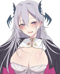  black_cape blue_eyes blush breasts cape cleavage cleavage_cutout clothing_cutout dress falaloods fangs female grey_hair hair_between_eyes head_wings highres indie_virtual_youtuber large_breasts long_hair mole mole_under_mouth no_pupils pink_cape pochimaru_(vtuber) pochimaru_(vtuber)_(4th_costume) solo teardrop_facial_mark two-tone_cape upper_body virtual_youtuber white_dress wings 