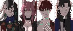  2boys 2girls animal_ears appleale19 ashiya_douman_(fate) asymmetrical_hair bad_id bad_twitter_id black_eyes bodysuit book brown_hair column_lineup earrings emiya_shirou fate/grand_order fate_(series) fox_ears glasses hair_intakes highres jewelry korean_commentary kotomine_kirei koyanskaya_(assassin)_(first_ascension)_(fate) koyanskaya_(fate) looking_at_viewer multicolored_hair multiple_boys multiple_girls open_bodysuit open_clothes pink_hair rasputin_(fate) red_hair senji_muramasa_(fate) split-color_hair tamamo_(fate) two-tone_hair upper_body white_hair 