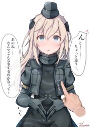  absurdres artist_name baileys_(tranquillity650) black_dress blonde_hair blue_eyes blush breast_poke commentary cropped_jacket dress elbow_gloves female garrison_cap gloves grey_gloves grey_headwear grey_jacket hair_between_eyes hands hat highres jacket kantai_collection long_hair meme nipple_guessing_game_(meme) open_clothes open_jacket parted_lips poking puffy_short_sleeves puffy_sleeves short_sleeves signature simple_background solo_focus speech_bubble translated twitter_username u-511_(kancolle) white_background 