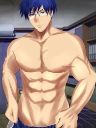  1boy abs absurdres bad_id bad_twitter_id bara blue_eyes blue_hair body_hair boku_no_hero_academia commentary glasses highres iida_tenya inactive_account indoors looking_at_viewer male_focus manly muscular muscular_male parted_lips pectorals self-upload short_hair smile solo sshu topless_male upper_body 