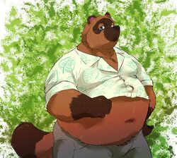  2020 absurd_res animal_crossing anthro belly blue_eyes brown_body brown_fur canid canine clothing fur hi_res kemono lost_out_gi male mammal navel nintendo overweight overweight_anthro overweight_male raccoon_dog shirt solo tanuki tom_nook_(animal_crossing) topwear 