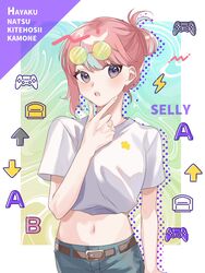  arrow_(symbol) bad_id bad_twitter_id belt black_belt blue_hair blush candy_(can_dy_6) controller crazy_raccoon denim eyewear_on_head female game_controller hair_behind_ear hair_bun highres jeans looking_at_viewer midriff multicolored_hair navel open_mouth pants pink_hair purple_eyes round_eyewear selly55 shirt single_hair_bun solo streaked_hair sunglasses white_shirt 