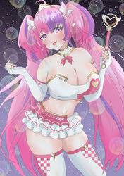  absurdres ahoge blush breasts cleavage demon_girl demon_horns demon_wings elbow_gloves female fingerless_gloves frilled_skirt frills gloves hair_ornament head_wings heart heart_ahoge heart_hair_ornament highres horns hoshino_mico ironmouse ironmouse_(race_queen) large_breasts long_hair midriff miniskirt multicolored_hair nail_polish navel oerba_yun_fang open_mouth pink_eyes pink_hair pink_nails pointy_ears purple_hair race_queen skin_fang skirt smile solo strapless streaked_hair thighhighs tube_top twintails virtual_youtuber vshojo wand white_gloves white_skirt white_thighhighs white_tube_top wings zettai_ryouiki 