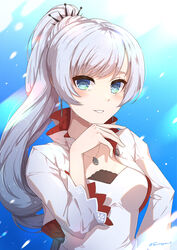  absurdres blue_eyes blush breasts earrings female grey_hair hand_on_own_hip high_ponytail highres jewelry long_sleeves looking_at_viewer necklace ponytail rwby s-masa_7131 scar scar_across_eye smile snow solo upper_body weiss_schnee wide_sleeves 