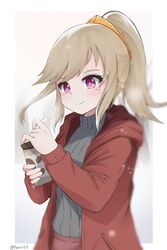  absurdres blonde_hair blush cup drinking_straw female grey_sweater highres holding holding_cup hood hoodie komori_met long_hair nanashi_inc. pronet127 purple_eyes red_hoodie red_skirt ribbed_sweater skirt smile solo sweater sweater_tucked_in v_ap_art virtual_youtuber 