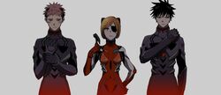  2boys akawo bad_id bad_pixiv_id black_hair bodysuit brown_eyes brown_hair claw_hammer cosplay evangelion:_3.0_you_can_(not)_redo expressionless eyepatch female frown fushiguro_megumi hammer holding holding_hammer ikari_shinji ikari_shinji_(cosplay) interface_headset itadori_yuuji jujutsu_kaisen kugisaki_nobara multiple_boys nagisa_kaworu nagisa_kaworu_(cosplay) neon_genesis_evangelion orange_eyes orange_hair pilot_suit plugsuit purple_bodysuit rebuild_of_evangelion red_bodysuit science_fiction short_hair skin_tight souryuu_asuka_langley souryuu_asuka_langley_(cosplay) spiked_hair 