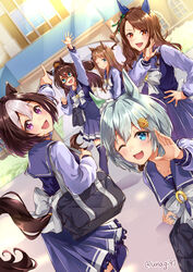  5girls absurdres animal_ears bag blush brown_hair el_condor_pasa_(umamusume) golden_generation_(umamusume) grass_wonder_(umamusume) hair_between_eyes hair_ornament highres horse_ears horse_girl horse_tail king_halo_(umamusume) multiple_girls one_eye_closed open_mouth school_uniform seiun_sky_(umamusume) sodemaru_unagi special_week_(umamusume) tail tracen_school_uniform twitter_username umamusume 