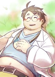  1boy absurdres belly chi_tiu facial_hair glasses grass highres lab_coat lying male_focus merchandise midriff_peek navel navel_hair neroli_(pokemon) on_back plump pokemon pokemon_sleep round_eyewear short_hair snorlax solo stubble thick_eyebrows 