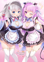  2girls :d ;) ameto_yuki apron artist_name black_dress black_sleeves black_wings blue_eyes breasts cleavage cleavage_cutout closed_mouth clothing_cutout collaboration commentary_request demon_girl demon_tail demon_wings detached_sleeves diagonal_stripes dress frilled_apron frills garter_straps grey_hair hair_between_eyes hair_bun hair_ornament hairclip head_wings heart holding holding_teapot holding_tray large_breasts long_hair long_sleeves looking_at_viewer maid maid_headdress multiple_girls nanohana_kohina one_eye_closed original parfait pink_hair pleated_dress purple_eyes shinigami_(tougetsu_hajime) single_hair_bun sleeveless sleeveless_dress smile sparkle spoon striped striped_background tail teapot thighhighs tray two_side_up very_long_hair waist_apron white_apron white_thighhighs wide_sleeves wings x_hair_ornament 