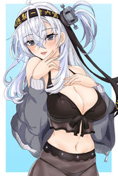  bikini bikini_skirt black_bikini black_hairband breasts chamumi_(mochiumee) cleavage cowboy_shot female front-tie_bikini_top front-tie_top grey_eyes grey_jacket hairband jacket kantai_collection large_breasts long_hair lowleg lowleg_bikini official_alternate_costume one_side_up open_clothes open_jacket solo suzutsuki_(kancolle) suzutsuki_(swimsuit_mode)_(kancolle) swimsuit white_hair 