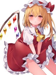  ascot between_legs blonde_hair blush bow closed_mouth crystal feet_out_of_frame female flandre_scarlet flat_chest frilled_shirt_collar frills from_above furrowed_brow hair_between_eyes hand_between_legs hat hat_bow highres komomo_(ptkrx) light_frown looking_at_viewer medium_hair mob_cap one_side_up petticoat puffy_short_sleeves puffy_sleeves red_bow red_eyes red_skirt red_vest short_sleeves simple_background sitting skirt solo touhou v_arms vest white_background white_hat wings yellow_ascot 