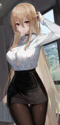  absurdres arm_up azur_lane black-framed_eyewear black_choker black_pantyhose black_skirt blonde_hair breasts button_gap choker collared_shirt commentary cowboy_shot dress_shirt female glasses hair_between_eyes hand_in_own_hair high-waist_skirt highres holding holding_paper implacable_(azur_lane) implacable_(shepherd_of_the_&quot;lost&quot;)_(azur_lane) indoors large_breasts long_hair long_sleeves looking_at_viewer maanu miniskirt office_lady official_alternate_costume pantyhose paper parted_lips pencil_skirt rectangular_eyewear red_eyes shirt shirt_tucked_in skirt solo thigh_gap thighs very_long_hair white_shirt window 