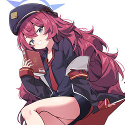  absurdres armband bad_id bad_pixiv_id black_headwear black_shirt black_skirt blue_archive book border breasts collared_shirt etoile female grey_eyes hair_between_eyes hair_ribbon halo hat highres holding holding_book iroha_(blue_archive) jacket long_hair loose_necktie military military_hat military_jacket military_uniform multiple_views necktie peaked_cap pencil_skirt red_armband red_hair red_necktie ribbon shirt simple_background skirt small_breasts uniform unworn_socks wavy_hair white_background 