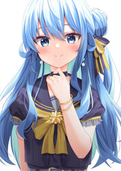  blue_eyes blue_hair blush bow bowtie bracelet closed_mouth colored_inner_hair divergenceok female hair_between_eyes hair_bun hair_ribbon hand_up highres hololive hoshimachi_suisei hoshimachi_suisei_(school_uniform) jewelry long_hair looking_at_viewer multicolored_hair official_alternate_costume official_alternate_hair_length official_alternate_hairstyle purple_ribbon purple_shirt ribbon shirt short_sleeves simple_background single_hair_bun single_side_bun smile solo star_(symbol) star_in_eye symbol_in_eye upper_body virtual_youtuber white_background yellow_bow yellow_bowtie 